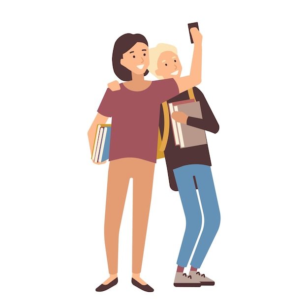 Paar studenten die boeken houden en selfie maken op smartphone. Jonge man en vrouw, schoolvrienden of klasgenoten die zichzelf op de telefoon fotograferen. Kleurrijke vectorillustratie in platte cartoon stijl.