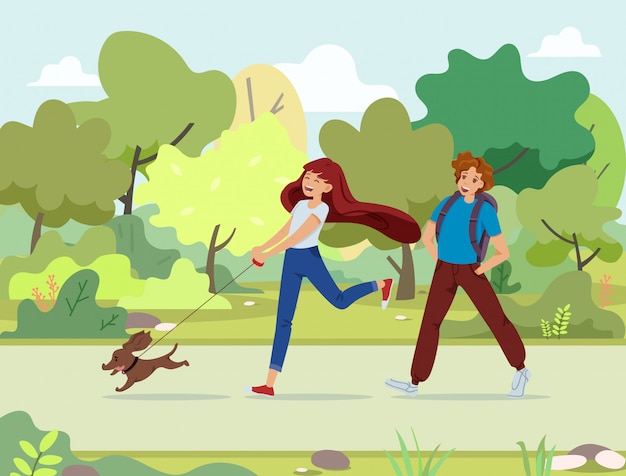 Paar van Happy School Kids Walk in Park met hond