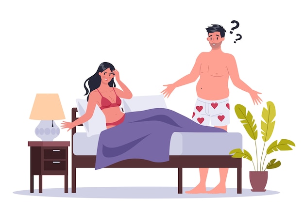 Paar van man en vrouw in bed liggen. van seksuele of intieme problemen tussen romantische partners. Seksuele onaantrekkelijkheid en misverstand over gedrag.