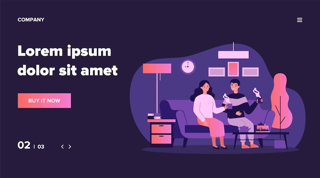 Paar verliefd samen zitten op de bank met kopjes koffie en pratende illustratie. man en vrouw die in appartement wonen romantische relaties en huisconcept