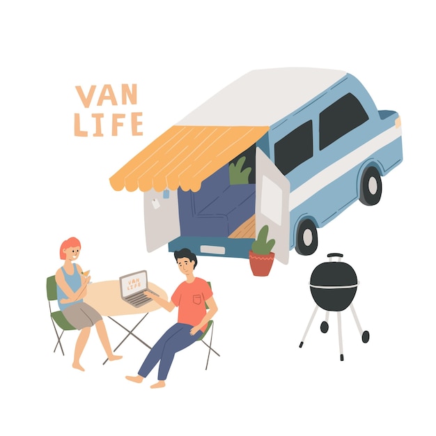 Paar zitten aan de tafel in de buurt van hun camper. Man en vrouw wonen in een busje. Hand getekend vectorillustratie. Van leven concept.