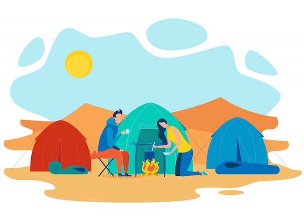 Paar zomer camping platte vectorillustratie