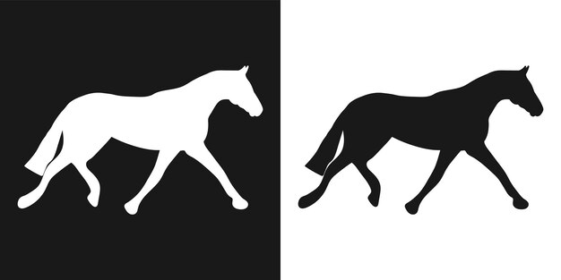 Paard een set geïsoleerde iconen een zwart-wit logo op een wit-zwarte achtergrond