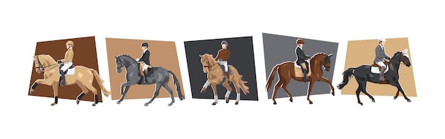 Paard en mannelijke jockey personages Paardensport dressuur Cartoon platte vector illustratie