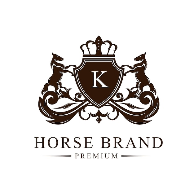 Paard heraldiek embleem moderne lijnstijl met een schild en kroon