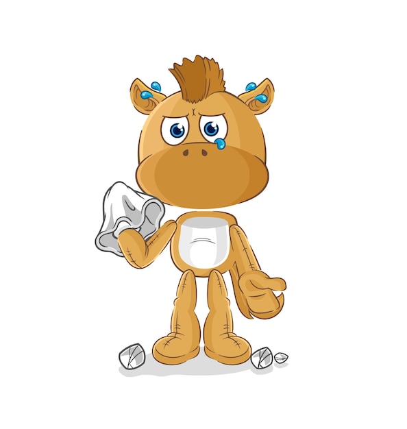 Paard huilen met een tissue cartoon mascotte vector