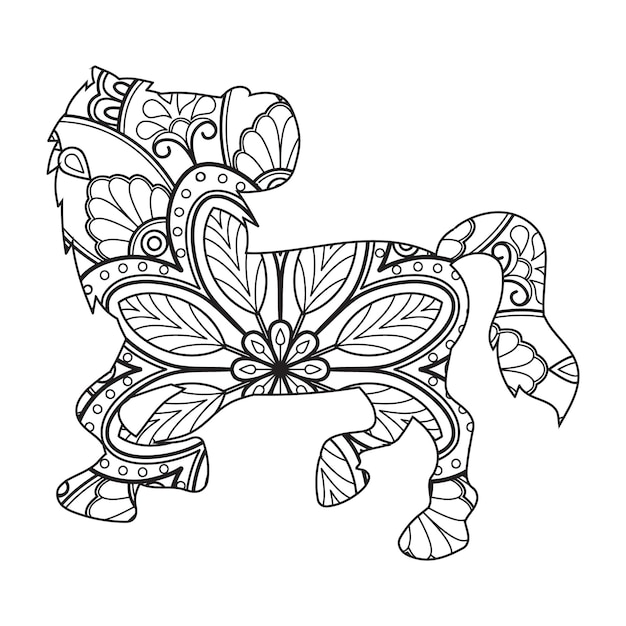 Paard mandala kleurplaat voor kinderen en volwassenen, Unicorn dierlijke mandala vector lijn kunst ontwerpstijl