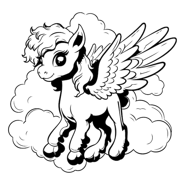 Paard met vleugels die in de wolken vliegt Zwart-wit vectorillustratie