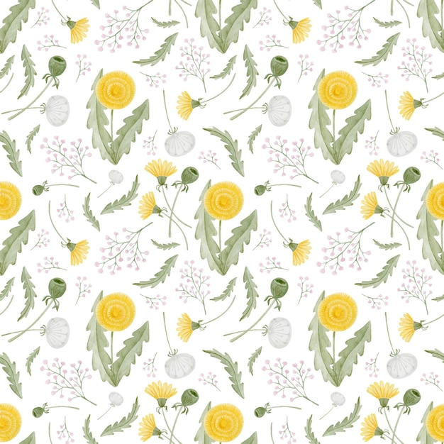 Vector paardebloem bloem aquarel naadloze patroon schattig pastel botanische hand getekende achtergrond zomer rustieke wallpaper