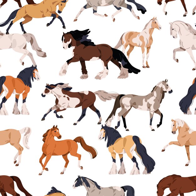 Vector paarden drukken naadloos patroon eindeloos achtergrondontwerp van paarden hengsten rassen herhalende achtergrondtextuur met dieren kudde drukbare platte vectorillustratie voor het verpakken van textiel