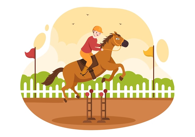 Paardenracewedstrijd in een renbaan met paardensport en ruiter op illustratie