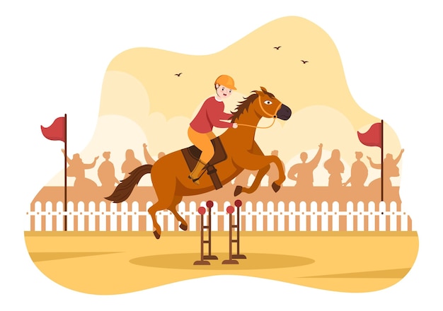 Paardenracewedstrijd in een renbaan met paardensport en ruiter op illustratie