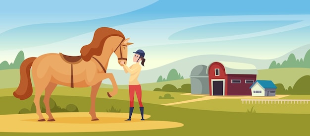 Vector paardensport achtergrond binnenlands paard en rijdt kinderen en ouders hippische trainingshal exacte vector cartoon illustratiion