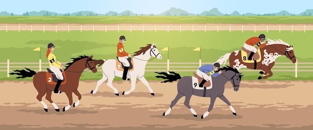 Vector paardensportwedstrijden paardenraces hippodrome sporttoernooi professionele jockeys met helmen op renpaarden galop en springen cartoon plat geïsoleerde personages netjes vectorconcept