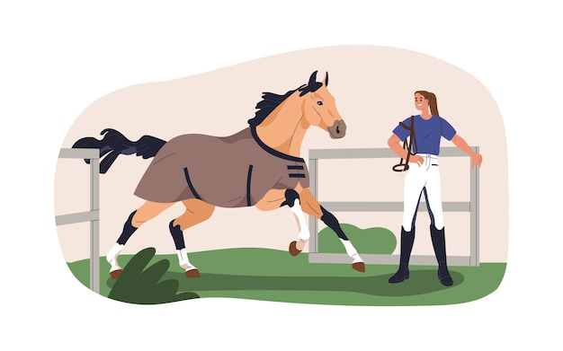 Paardentraining in paddock Vrouwelijke trainer die de hengst hanteert Behandeling van paardenbewegingseducatie Professionele bereitor vrouwelijke trainer Vlakke vectorillustratie geïsoleerd op witte achtergrond