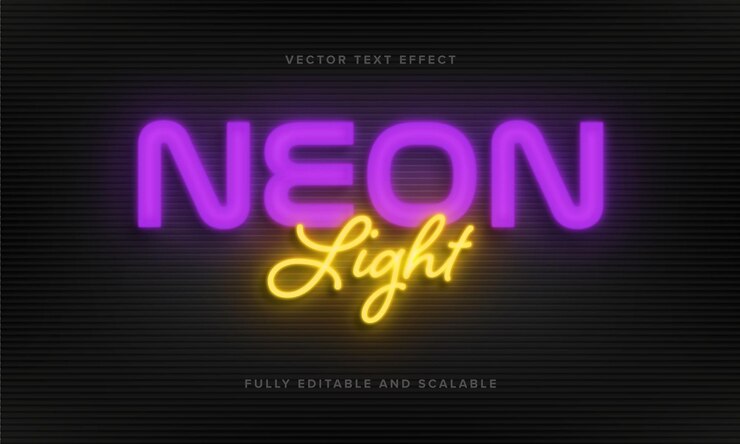 Vector paars en geel neonlicht vector teksteffect