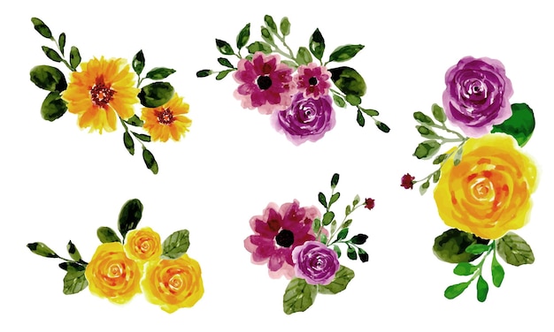 Paars geel gewaagde kleur bloemen aquarel