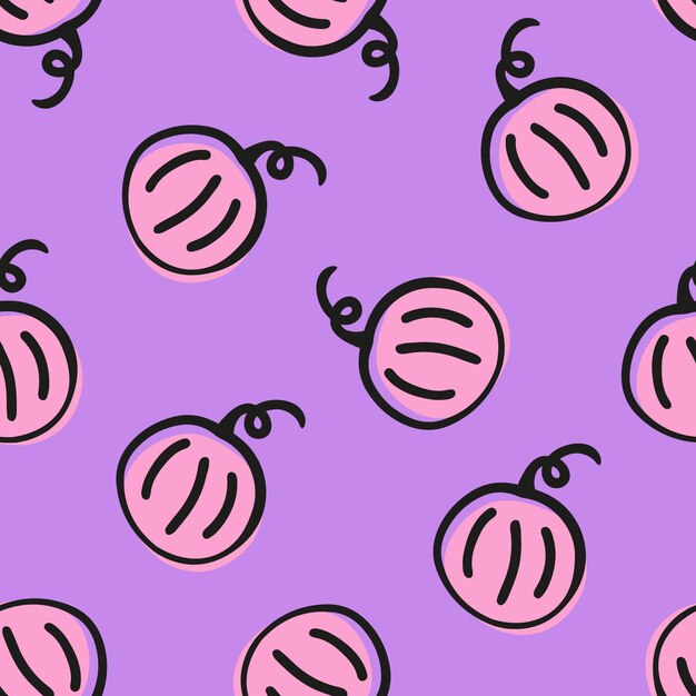 Paars naadloos patroon met roze pompoen met zwarte omtrek