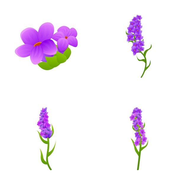 Paarse bloemen iconen set cartoon vector heldere zomer bloem saffraan natuur zomertijd