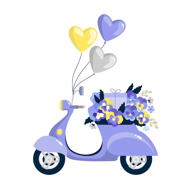 Paarse bromfiets met bloemen en ballonnen.