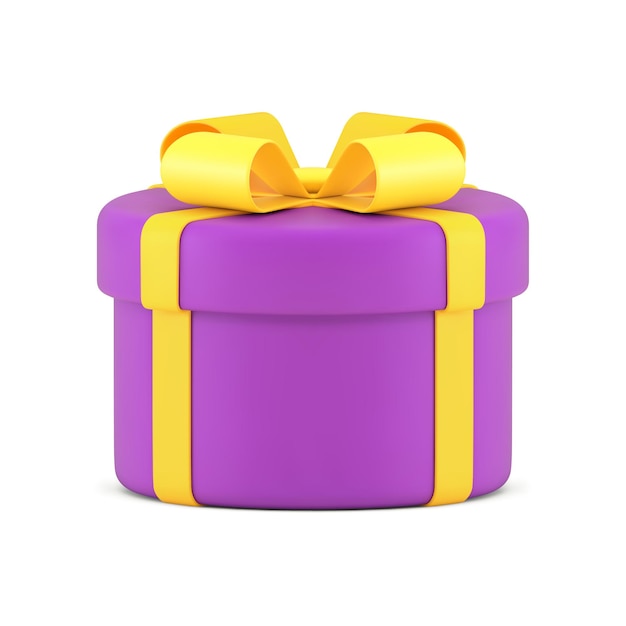 Paarse geschenkdoos met gele strik en lint cilinder verpakt verrassing container 3D-object realistische vectorillustratie