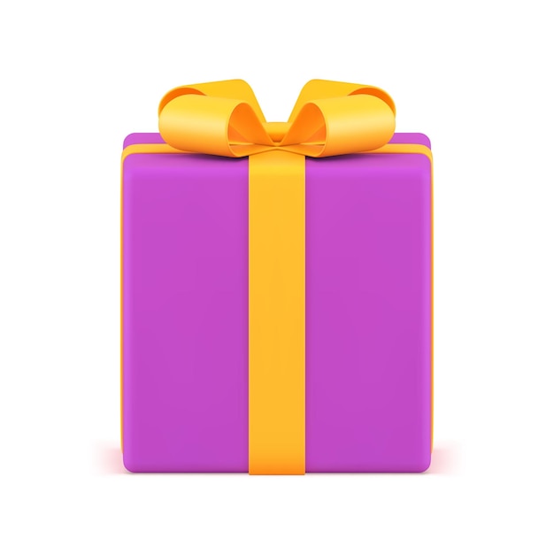 Paarse geschenkdoos met gele strik en lint in het kwadraat verpakt verrassing container 3D-object realistische vectorillustratie