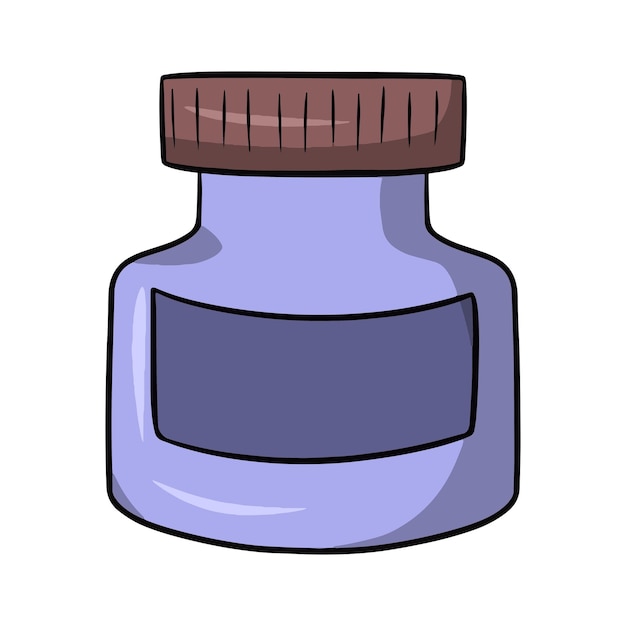 Paarse glazen fles voor medicijnen glazen pot met label vochtig met paarse verf vector cartoon stijl
