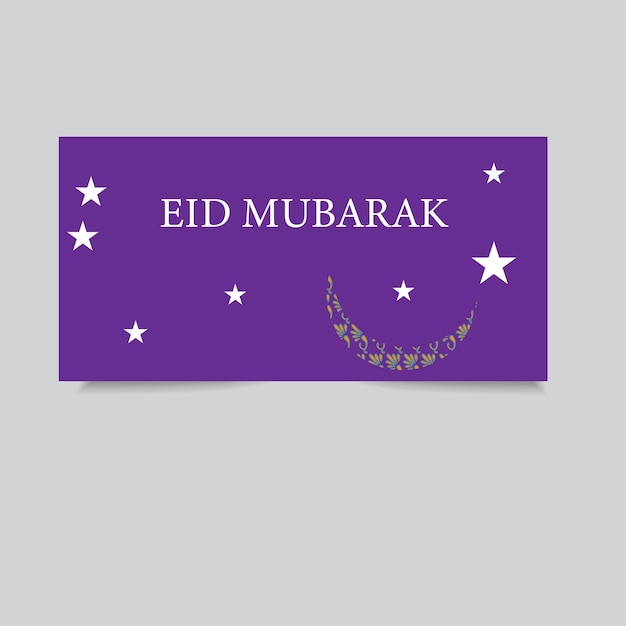 Vector paarse kaart met een maansikkel en de woorden eid mubarak erop