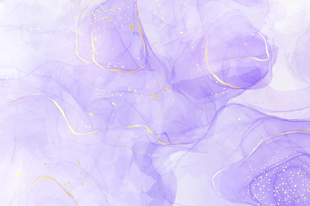 Vector paarse lavendel vloeibare aquarel achtergrond met gouden lijnen