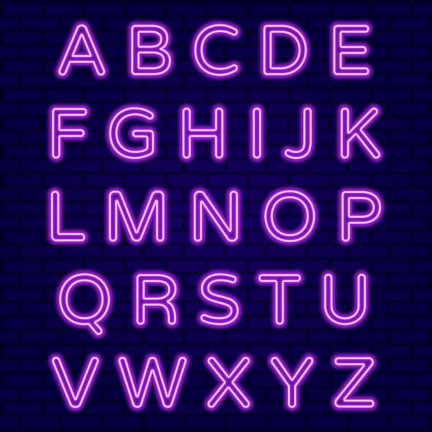 Paarse neonletters op bakstenen muur gloeiende alfabetten az letters set vector illustratie