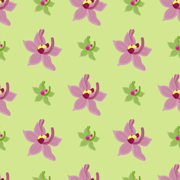 Paarse orchideebloemen bloeien naadloos patroon in doodle-stijl