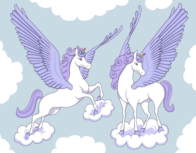 Vector paarse pegasus op wolken