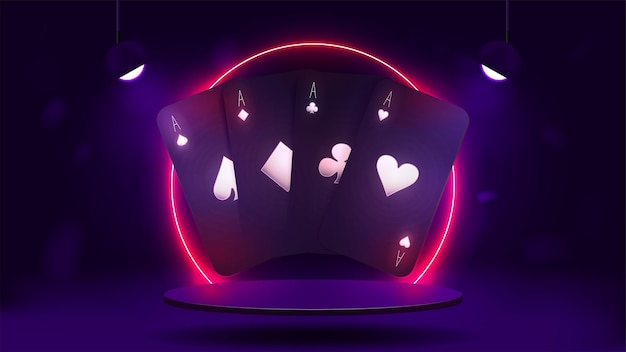 Paarse pokerkaarten op een glanzend podium met een fel neonroze frame een poster voor een casino