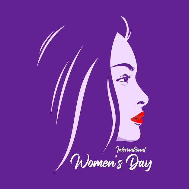 Paarse poster voor vrouwendag met een paarse achtergrond en een vrouwengezicht