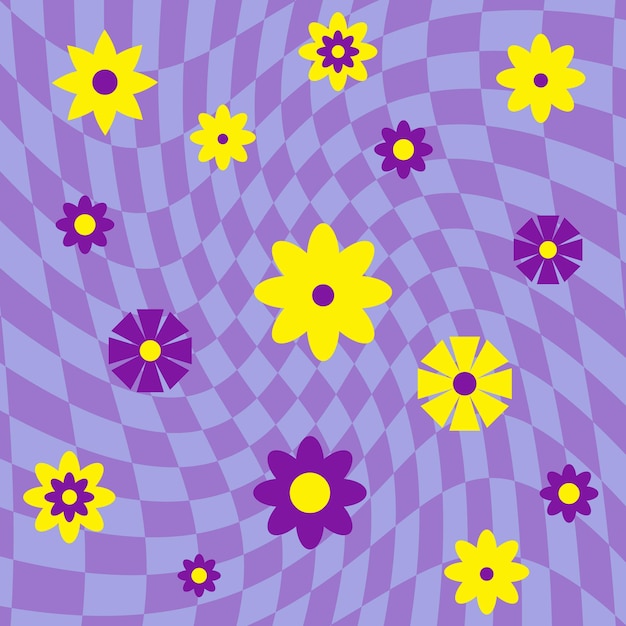 Paarse psychedelische vierkanten geometrisch patroon met bloemen Optische illusie achtergrond jaren '60