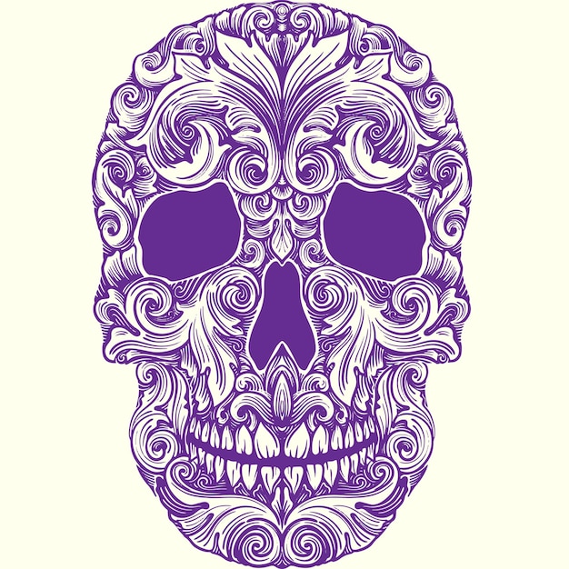 Vector paarse schedel met bloemmotief op een witte achtergrond.
