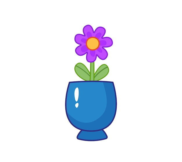 Paarse tulpenbloem in een kleiblauwe pot vector in cartoonstijl met overzicht geïsoleerde clipart