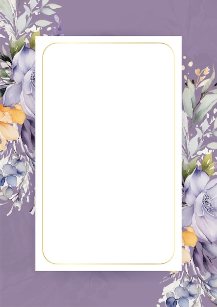 Paarse violet wit en oranje moderne achtergrond waterverf uitnodiging met bloemen en bloemen