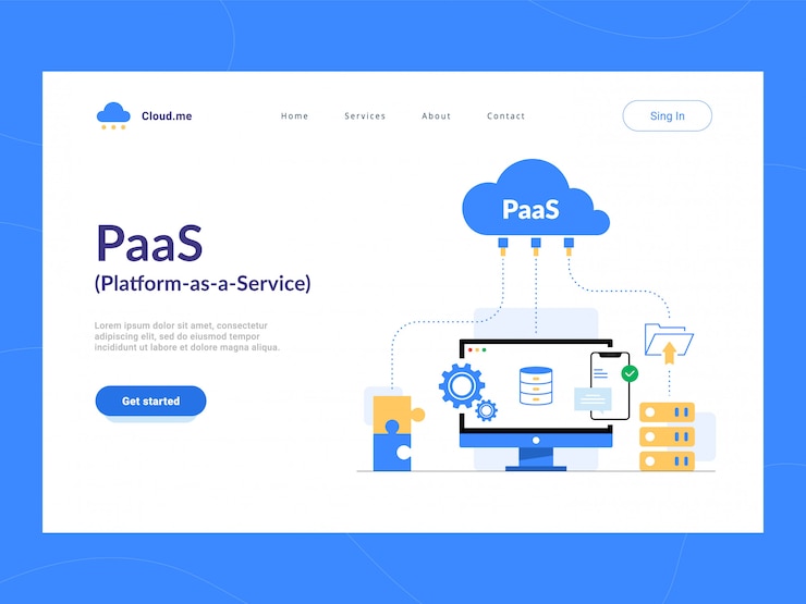 PaaS : Platform as a Service 첫 화면. 맞춤형 애플리케이션을 구축하기위한 프레임 워크 인 소프트웨어 용 클라우드 구성 요소. 신생 기업, 소기업 및 기업을위한 비즈니스 프로세스 최적화