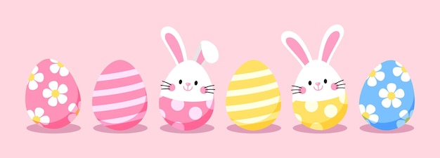 Paaseieren patronen en konijn konijn schattige kleurrijke cartoon ontwerp elementen voor feestdagen decoratie