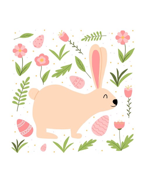 Paashaas met eieren vectorillustratie. Leuke ansichtkaart voor Pasen met een konijn. Konijn met eieren, bloemen en bladeren. vector illustratie