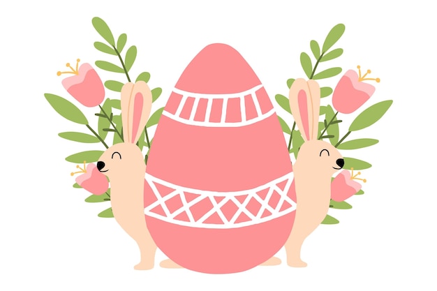 Paashaas met eieren vectorillustratie. Leuke ansichtkaart voor Pasen met een konijn. Konijn met eieren, bloemen en bladeren. vector illustratie