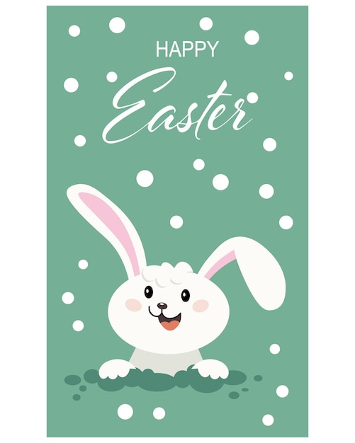 Vector paaskaart schattig vrolijk wit konijntje op een groene achtergrond met stippen en een inscriptie
