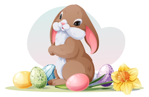 Paaskonijn met eieren en narcissusbloem Vector lente illustratie voor Pasen