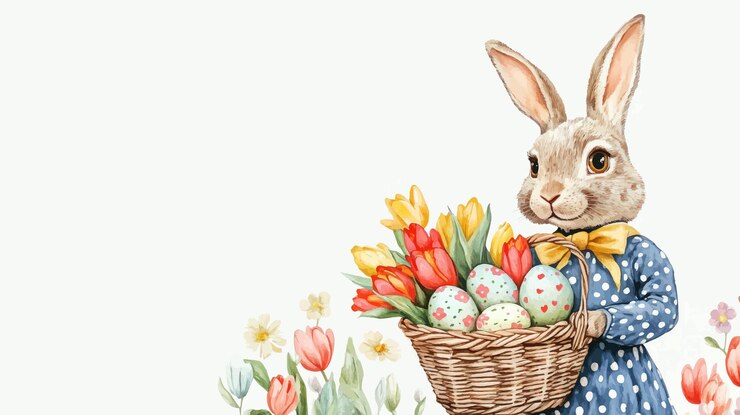 Vector paaskonijn met tulpen en eieren