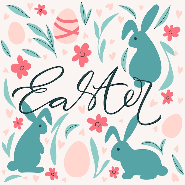 Paaspatroon met belettering van eieren, konijnen en harten Gelukkig Pasen-ontwerp in pastelkleuren Moderne wenskaart vectorillustratie