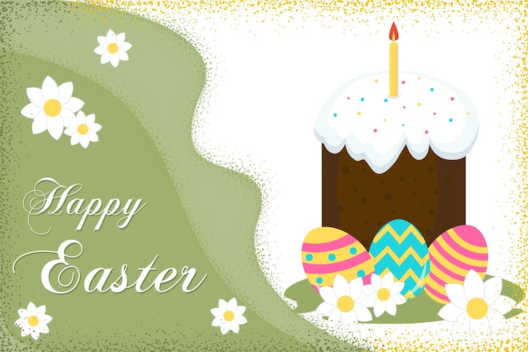 Vector paasvakantie kaart abstracte achtergrond met een happy easter taart eieren en bloemen het kan worden gebruikt als een poster banner sjabloon briefkaart label vectorillustratie