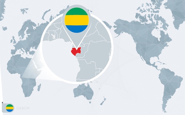 Pacific Centered Wereldkaart met vergroot Gabon. Vlag en kaart van Gabon.