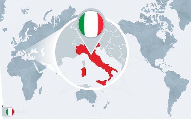 Pacific Centered Wereldkaart met vergroot Italië. Vlag en kaart van Italië.