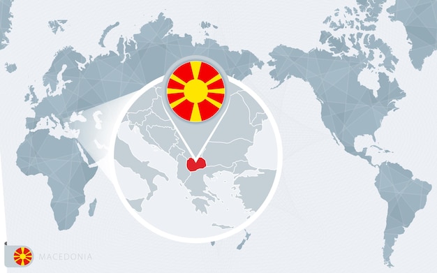 Pacific Centered wereldkaart met vergrote Macedonië. Vlag en kaart van Macedonië.